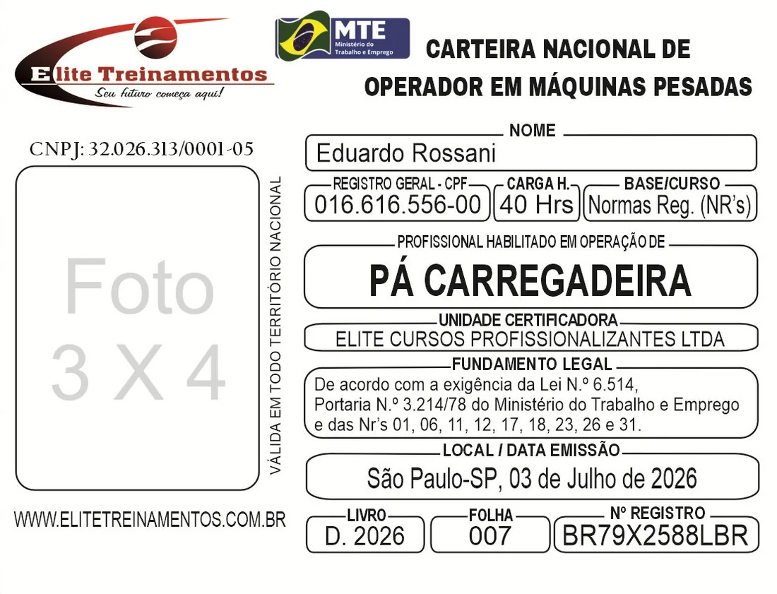 Exemplo demonstrativo da carteirinha de operador de pá carregadeira