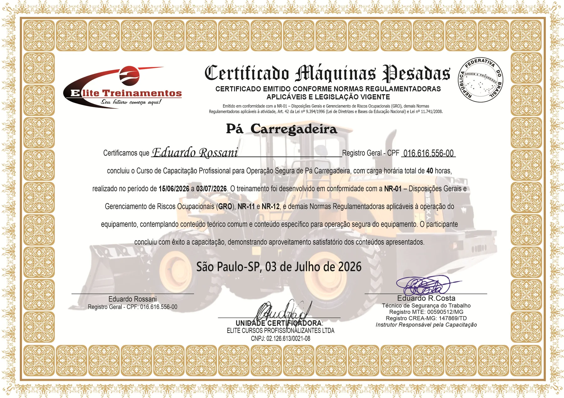 Exemplo demonstrativo da frente do certificado de operador de pá carregadeira