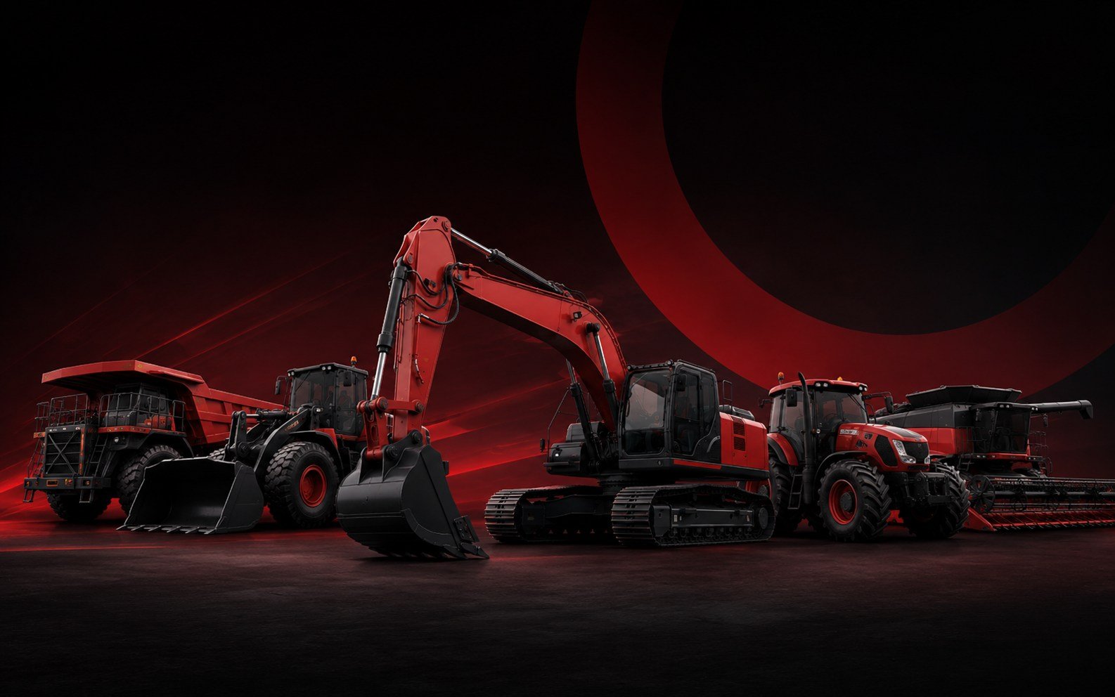 Composição com escavadeira, caminhão de mineração, trator agrícola e outros equipamentos pesados
